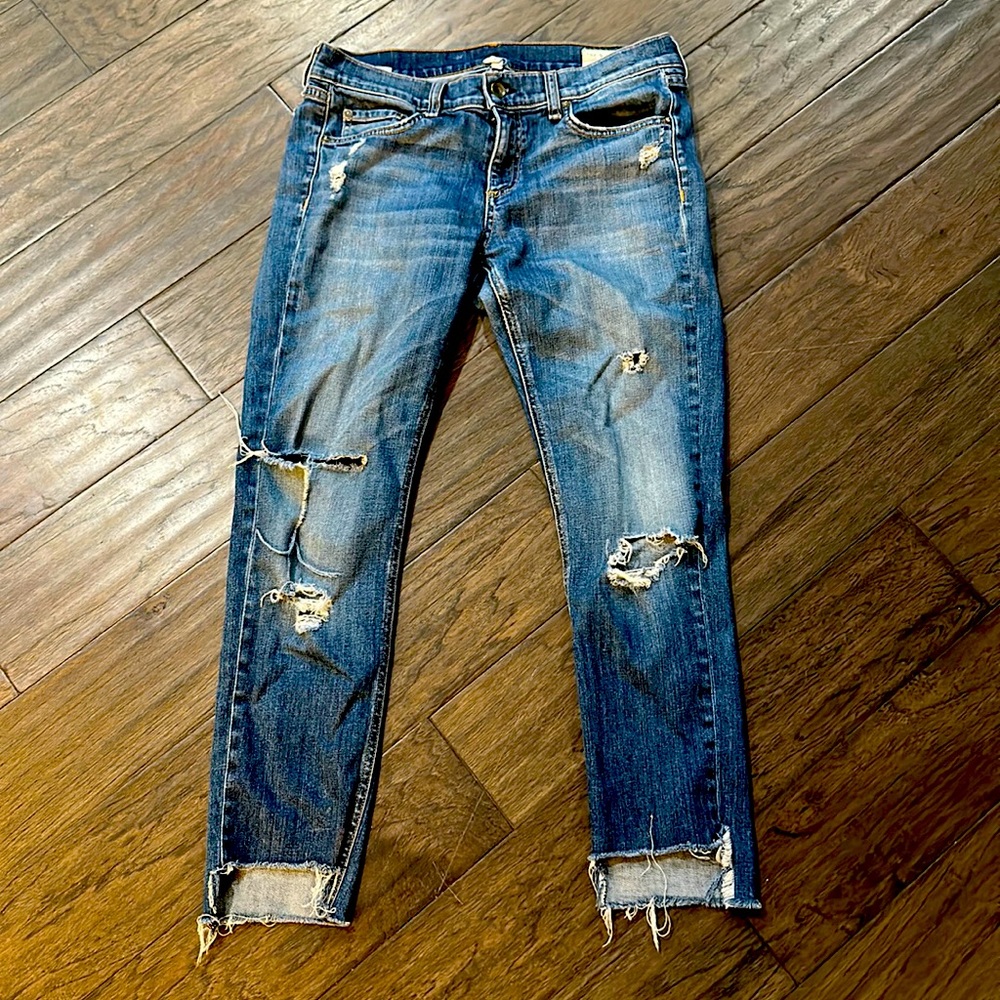 rag & Bone DrE capri pant jean with frayed ankle and rips